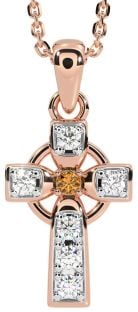 Diamond Citrine Rose Gold Silver Celtic Cross Necklace