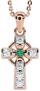 Diamond Emerald Rose Gold Silver Celtic Cross Necklace