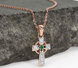 Diamond Emerald Rose Gold Silver Celtic Cross Necklace