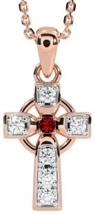 Diamond Garnet Rose Gold Silver Celtic Cross Necklace