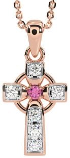 Diamond Pink Tourmaline Rose Gold Silver Celtic Cross Necklace