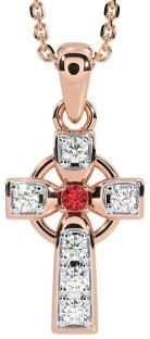 Diamond Ruby Rose Gold Silver Celtic Cross Necklace