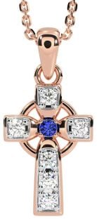 Diamond Sapphire Rose Gold Silver Celtic Cross Necklace