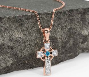Diamond Topaz Rose Gold Silver Celtic Cross Necklace