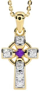 Diamond Amethyst Gold Silver Celtic Cross Necklace