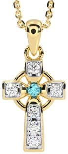 Diamond Aquamarine Gold Silver Celtic Cross Necklace