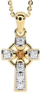 Diamond Citrine Gold Silver Celtic Cross Necklace