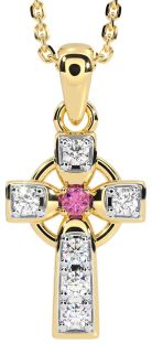 Diamond Pink Tourmaline Gold Silver Celtic Cross Necklace