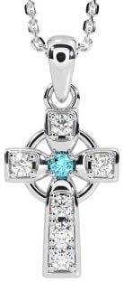 Diamond Aquamarine Silver Celtic Cross Necklace