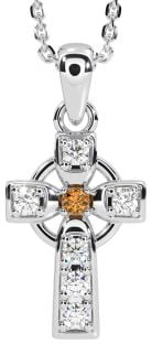 Diamond Citrine Silver Celtic Cross Necklace