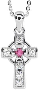 Diamond Pink Tourmaline Silver Celtic Cross Necklace