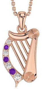Diamond Amethyst Rose Gold Silver Celtic Irish harp Necklace