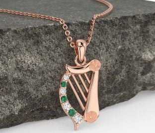 Diamond Emerald Rose Gold Silver Celtic Irish harp Necklace