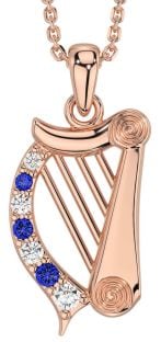 Diamond Sapphire Rose Gold Silver Celtic Irish harp Necklace