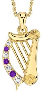 Diamond Amethyst Gold Silver Celtic Irish harp Necklace