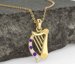 Diamond Amethyst Gold Silver Celtic Irish harp Necklace