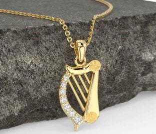 Diamond Gold Silver Celtic Irish harp Necklace