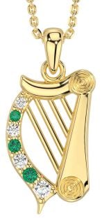 Diamond Emerald Gold Silver Celtic Irish harp Necklace