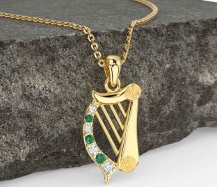 Diamond Emerald Gold Silver Celtic Irish harp Necklace