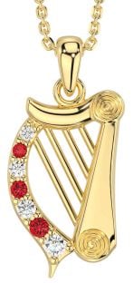 Diamond Ruby Gold Silver Celtic Irish harp Necklace