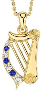 Diamond Sapphire Gold Silver Celtic Irish harp Necklace