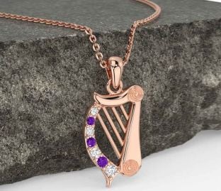 Diamond Amethyst Rose Gold Celtic Irish harp Necklace