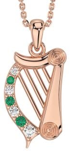 Diamond Emerald Rose Gold Celtic Irish harp Necklace