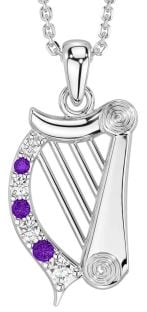 Diamond Amethyst Silver Celtic Irish harp Necklace