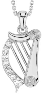 Diamond Silver Celtic Irish harp Necklace