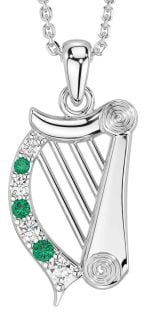 Diamond Emerald Silver Celtic Irish harp Necklace