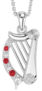 Diamond Ruby Silver Celtic Irish harp Necklace