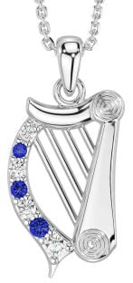 Diamond Sapphire Silver Celtic Irish harp Necklace
