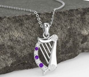 Diamond Amethyst White Gold Celtic Irish harp Necklace