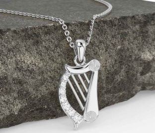 Diamond White Gold Celtic Irish harp Necklace