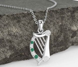 Diamond Emerald White Gold Celtic Irish harp Necklace