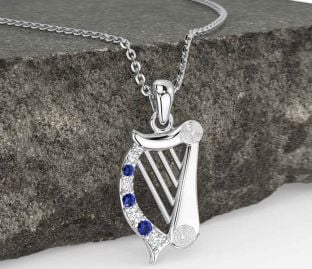 Diamond Sapphire White Gold Celtic Irish harp Necklace
