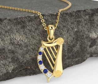 Diamond Sapphire Gold Celtic Irish harp Necklace