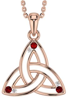 Diamond Garnet Rose Gold Silver Celtic Trinity Knot Necklace