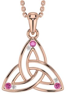 Diamond Pink Tourmaline Rose Gold Silver Celtic Trinity Knot Necklace