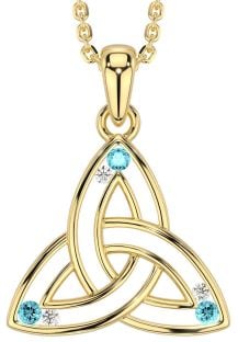 Diamond Aquamarine Gold Silver Celtic Trinity Knot Necklace