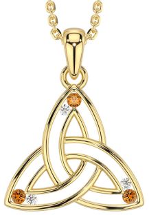 Diamond Citrine Gold Silver Celtic Trinity Knot Necklace