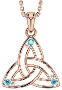 Diamond Aquamarine Rose Gold Celtic Trinity Knot Necklace