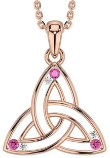 Diamond Pink Tourmaline Rose Gold Celtic Trinity Knot Necklace