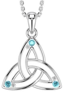 Diamond Aquamarine Silver Celtic Trinity Knot Necklace