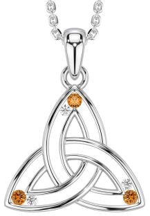 Diamond Citrine Silver Celtic Trinity Knot Necklace