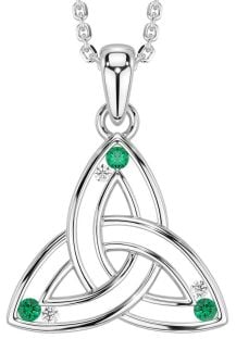 Diamond Emerald Silver Celtic Trinity Knot Necklace