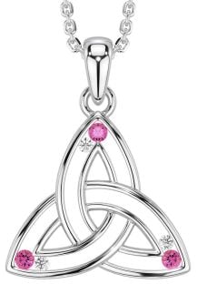 Diamond Pink Tourmaline Silver Celtic Trinity Knot Necklace