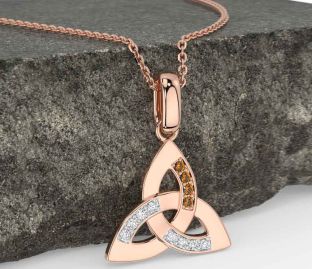 Diamond Citrine Rose Gold Silver Celtic Trinity Knot Necklace