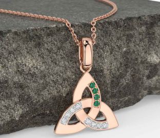 Diamond Emerald Rose Gold Silver Celtic Trinity Knot Necklace