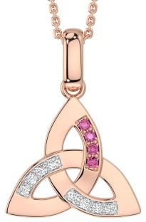 Diamond Pink Tourmaline Rose Gold Silver Celtic Trinity Knot Necklace